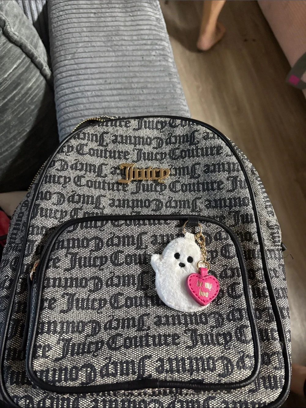 Juicy Couture Black Logo Print Small Pet Carrier Backpack with Pink Heart Charm